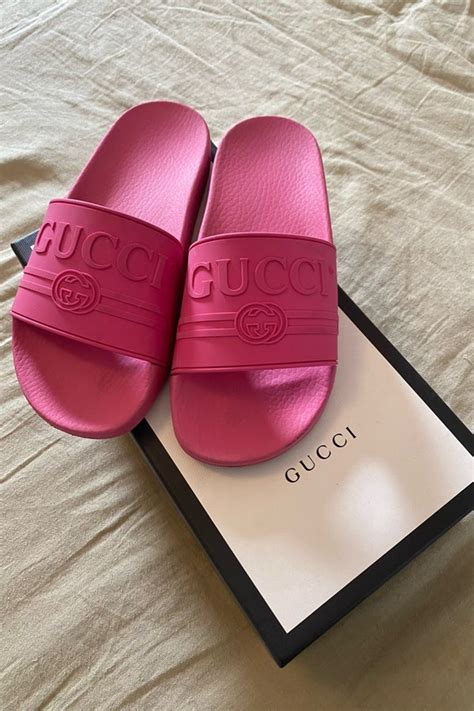 gucci slides pink rubber|hot pink gucci slides.